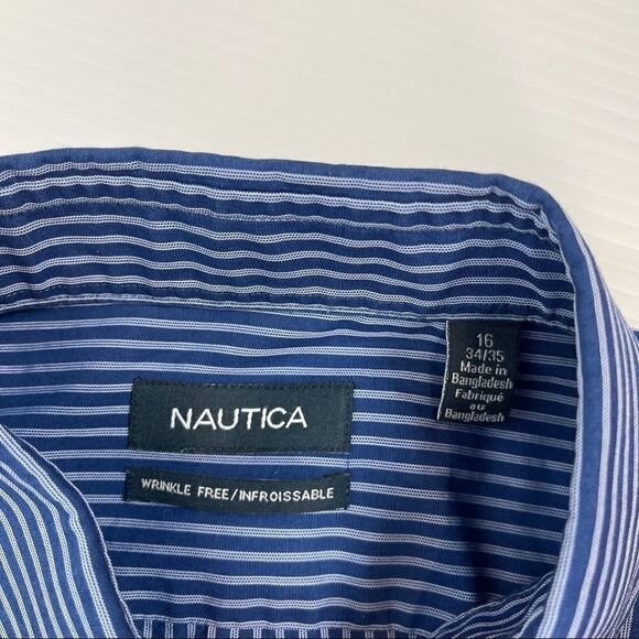 Nautica Men’s Size 16 34/35 Long Sleeve Button Up Blue Stripe Wrinkle Free Shirt - Picture 5 of 5